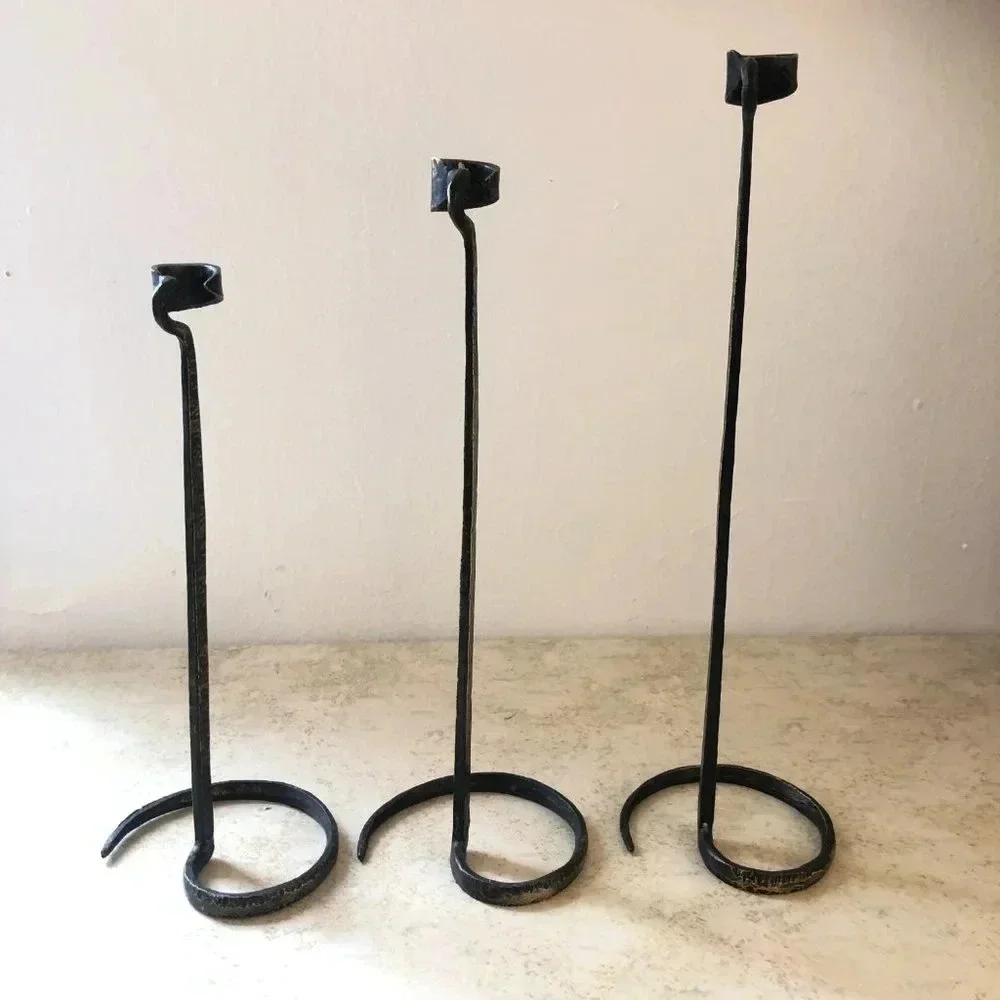 Blackened brass candle hand hewn holders rustic hammered patina set 15